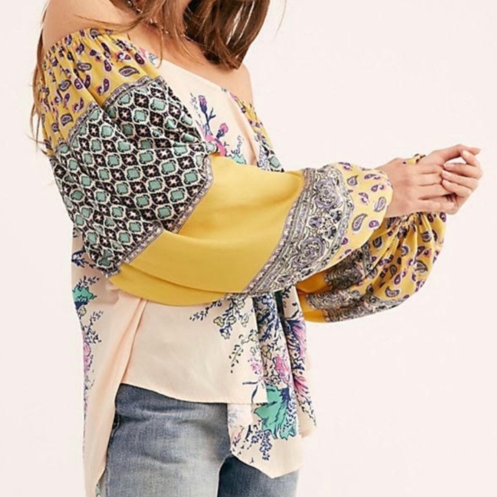 Free People l M Positano Silky Mix Print Floral Off-Shoulder Boho Peasant Blouse - Picture 5 of 8
